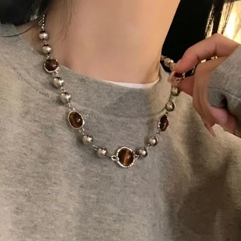 Punk Retro Brown Tiger Eye Stone Necklace for Women