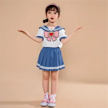 Baby Girls Clothes Set Summer Sailor Suit Kid's Pleated Skirt JK Uniform Toddler Girl Bownot Top & Striped Skirt Preepy Style 1