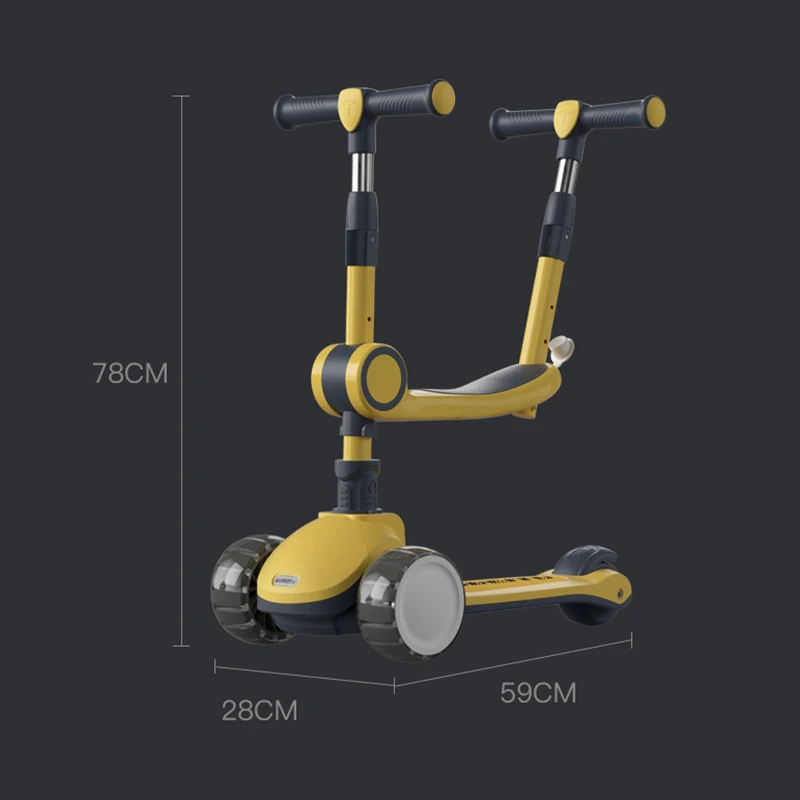 For 2-8 Years Children Cycling Kick Scooter With Seat And Pusher Flash Wheels Board Adjustable Height Kid Foot Pedal Scooters