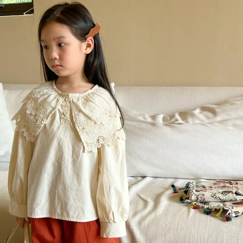 

Girls autumn solid color long sleeve blouses 2-7Years Kids girl lace turn-down collar cotton shirts