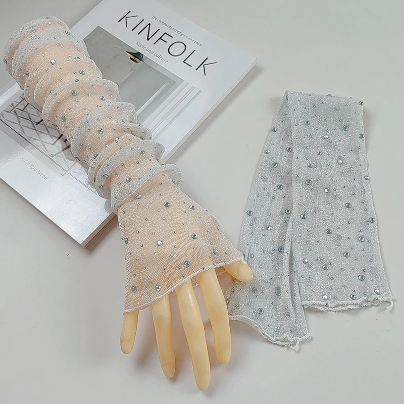 Sexy Silver Thread Flash Drill Half Finger Lace Gloves Summer Sunscreen Arm Sleeve Cosplay Nightclub Performance Long Mittens