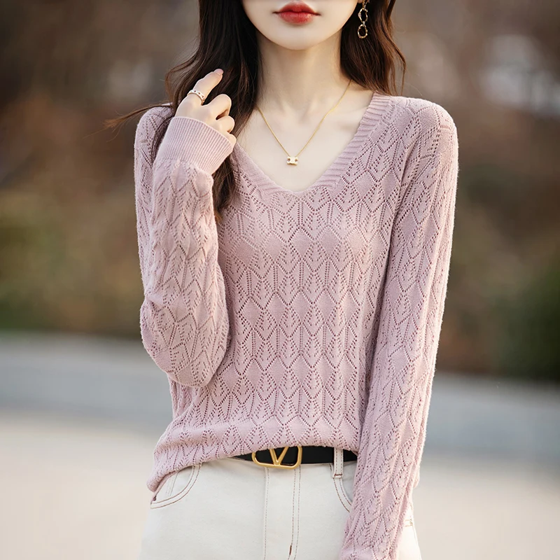 

100% Cotton Knitted Sweater Women's Long Sleeve V-Neck Jumper Korean Hollowed Out Sexy See-through Pullover Spring Autumn Tops