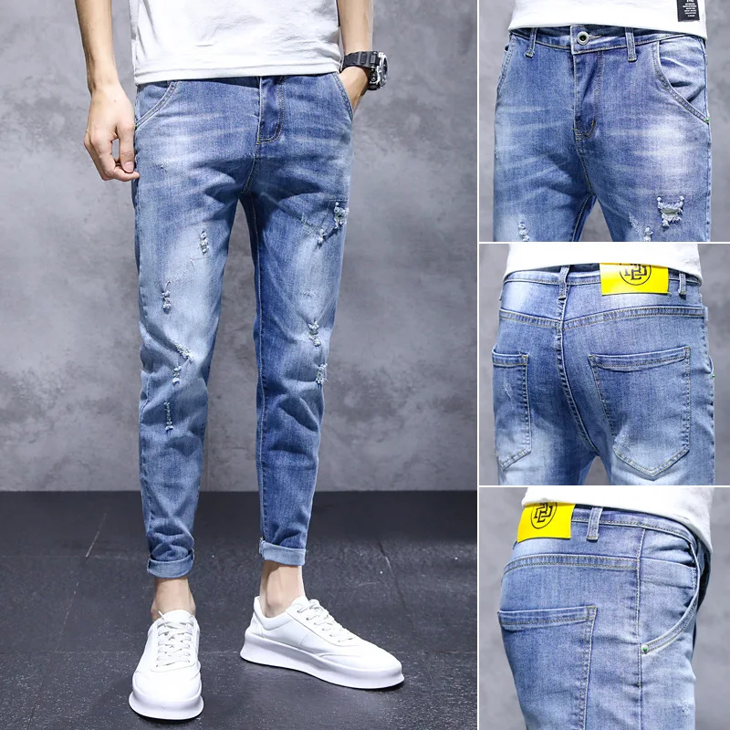 Denim Jeans 2022 Summer New Casual Pants Jean Slim Elastic Small Feet Light Color Ripped Hole Youth Teenager Ankle Long Pants