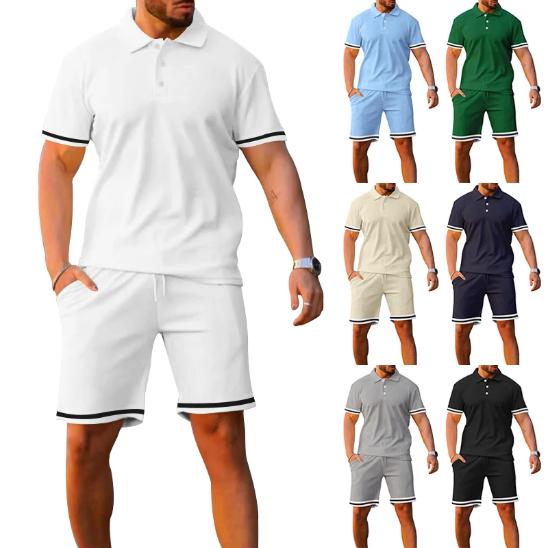 

Summer Men's Sports Suit Lapel Button Striped Patchwork Short Sleeve Polo Shirt And Shorts Suit Casual Plus Size Men's Clothing