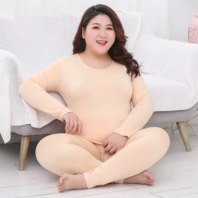 

2pcs Solid Color Women's Plus Size Thermal Underwear Set Winter O Neck Cotton Long Johns Female Second Skin Thermo Pajamas