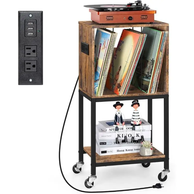 Three Layer Vinyl Record Player Stand with Charging Station