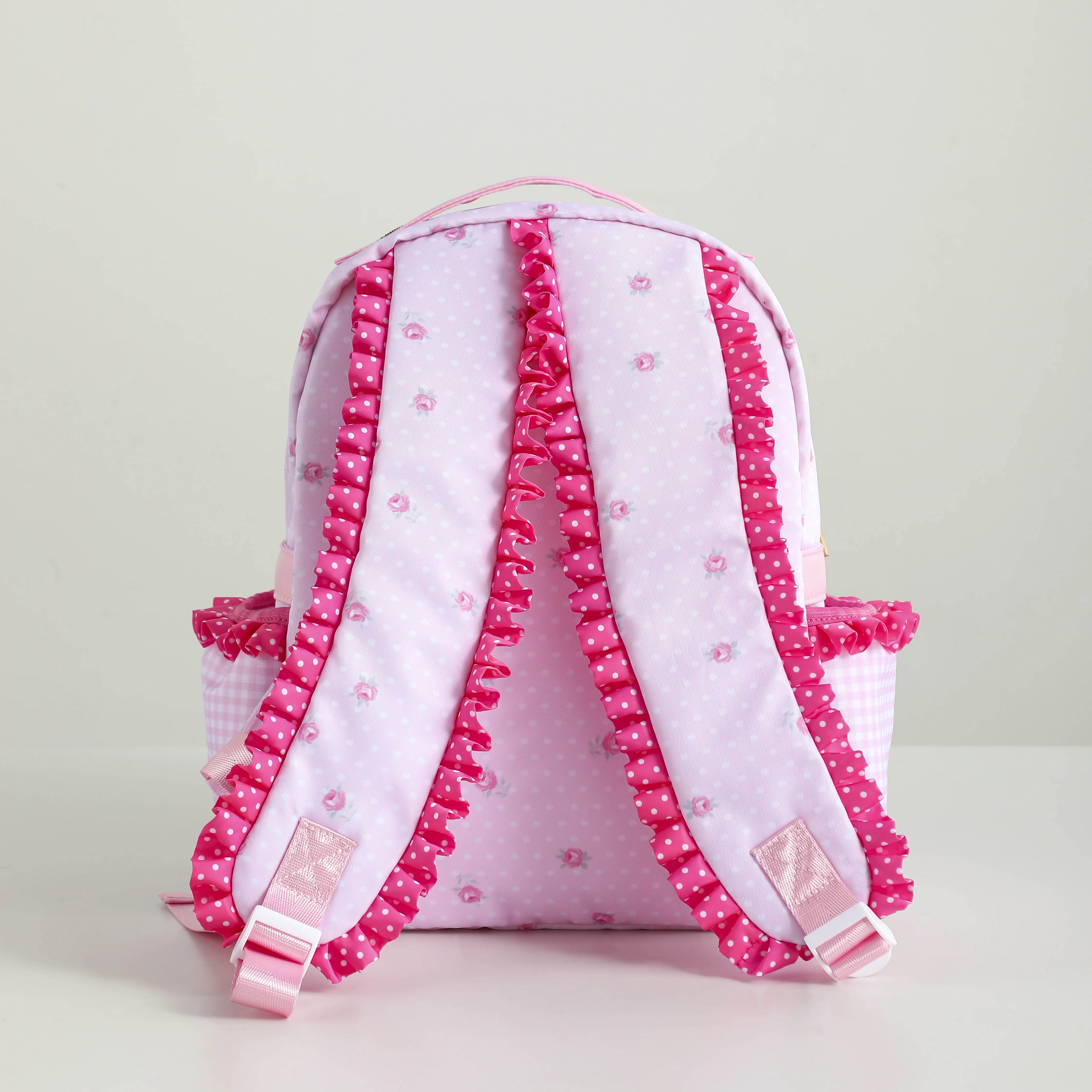 Ruffle Girls Backpack Floral Canvas Polka Dot Plaid Lining Large Capacity Pink Cute Back To School