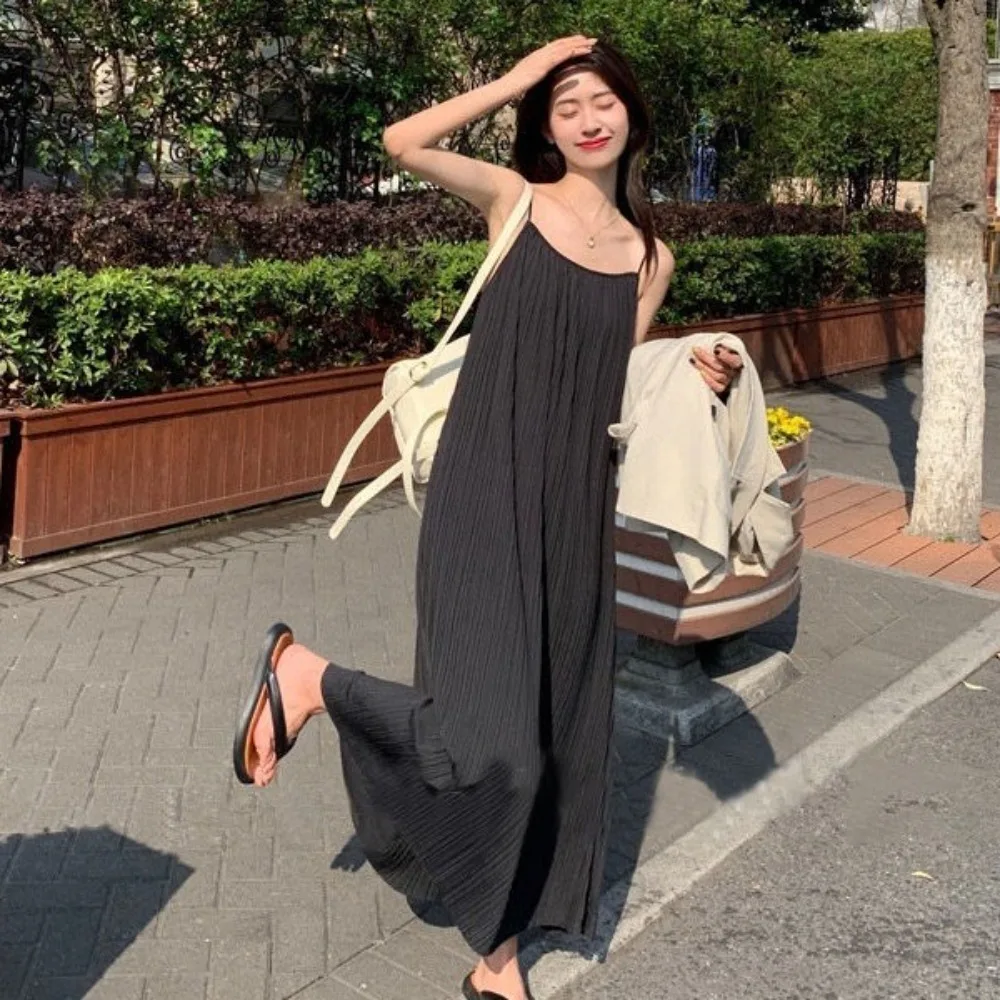 Fashion A-line Loose Sling Dress Solid Color Beachwear Sleeveless Long Dress Round Neck Beach Vacation Sundress Summer