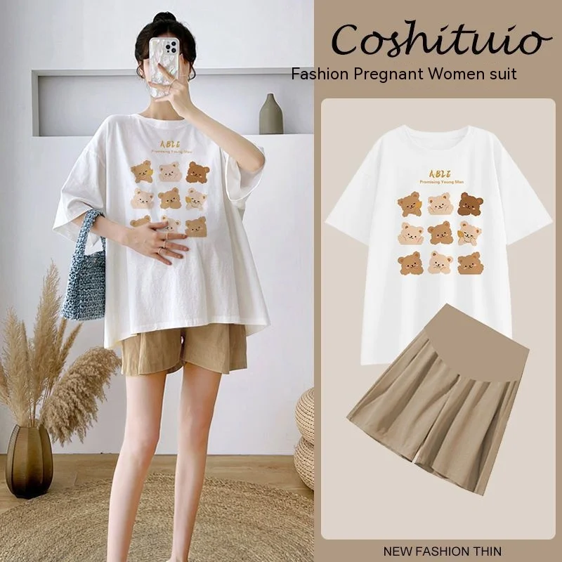 Maternity Two-Piece Summer Korean Version of the Cartoon Bear Fashion Models Cover Belly Tops Pregnancy Outer Wear Maternity Suit