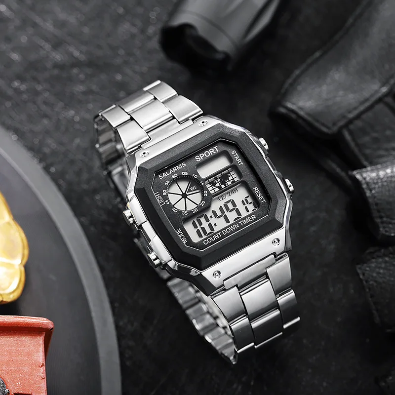YIKAZE Digital Watch Men's Watch Stainless Steel Strap Countdown Sport Watches Waterproof Led Electronic Wristwatch for Men Gift 2