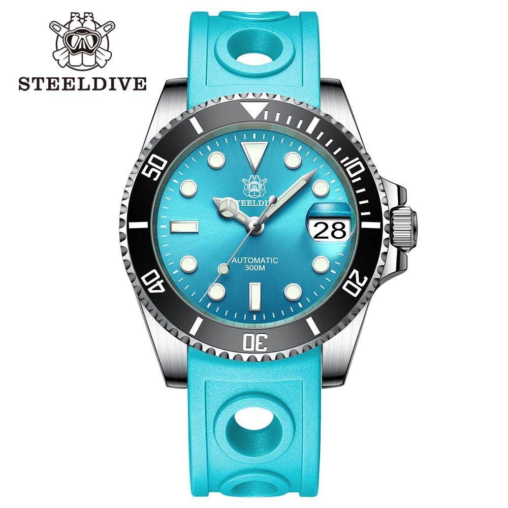 SD1953 Turquoise Dial Ceramic Bezel Steel NH35 Watch 41mm STEELDIVE Brand Water Ghost 300M Mens Diver Watches reloj hombre