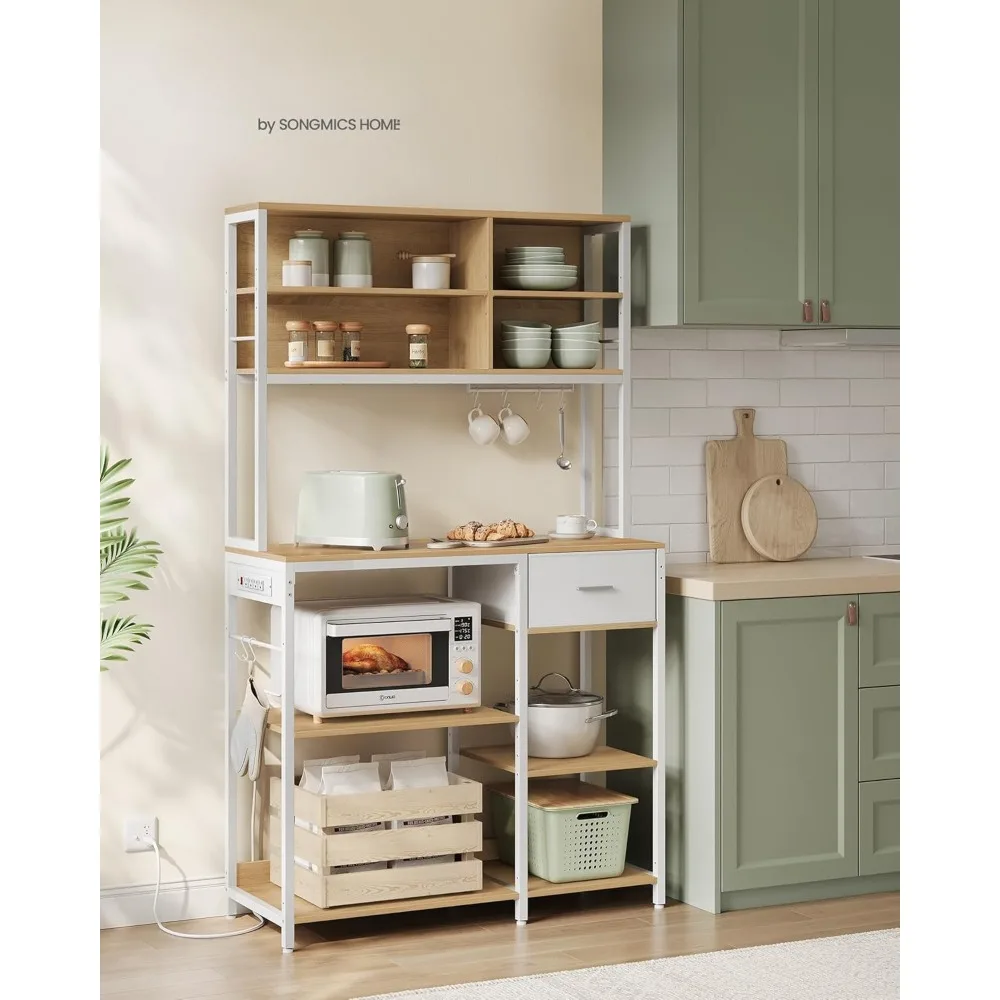 Bakers Rack with Charging Station, Coffee Bar Stand with Adjustable Storage Shelves, Fabric Drawer, 12Hooks, Table for Microwave 2
