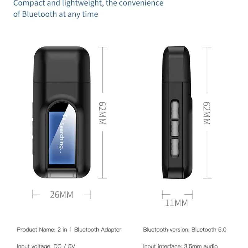 USB 블루투스 5.0 오디오 송신기 수신기 LCD 디스플레이 3.5MM AUX RCA 스테레오 무선 어댑터 동글 PC TV 자동차 헤드폰용