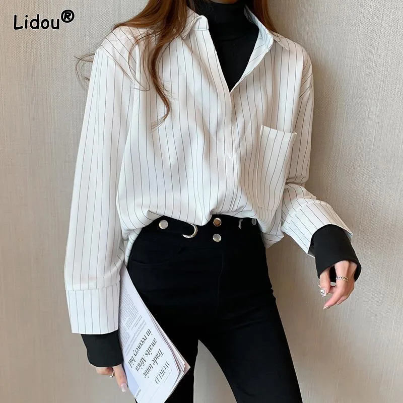

Office Lady Popularity Striped Fake Two Pieces Black White Spliced Women Blouse Thick Half High Collar Pockets Superimposition