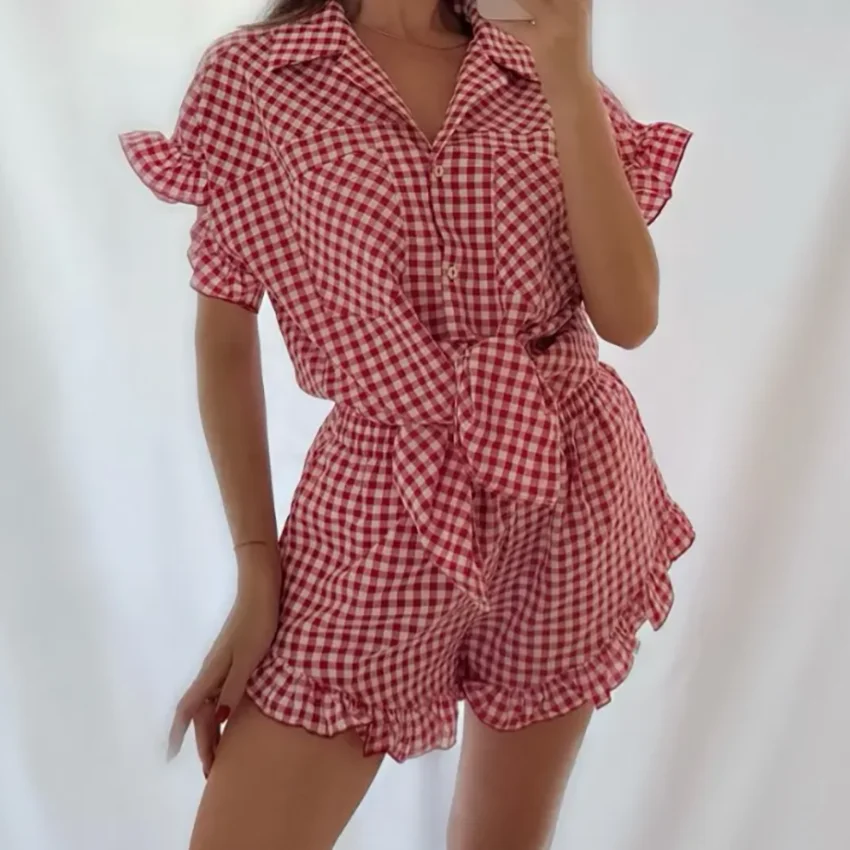 Linad Office Single-Breasted Shirts Elegant Plaid High Waist Shorts With Button Up Shirts 2 Piece Set Street Chic Outfits Summer