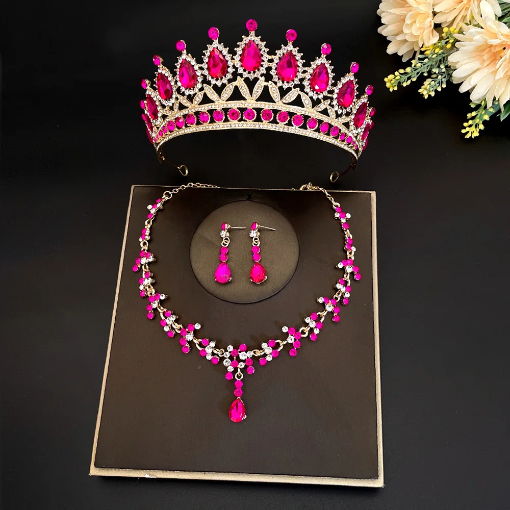 Bridal Jewelry Set 3Pcs/set Baroque Crystal Rhinestone Tiaras Crown Necklace Earring For Bride Women Wedding Gift