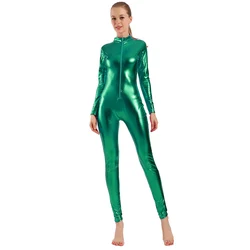 AOYLISEY Women Shiny Metallic Full Body Unitard Long Sleeve Mock Neck Ballet Jumpsuits Bodysuit Leotard Cosplay Zentai Costumes
