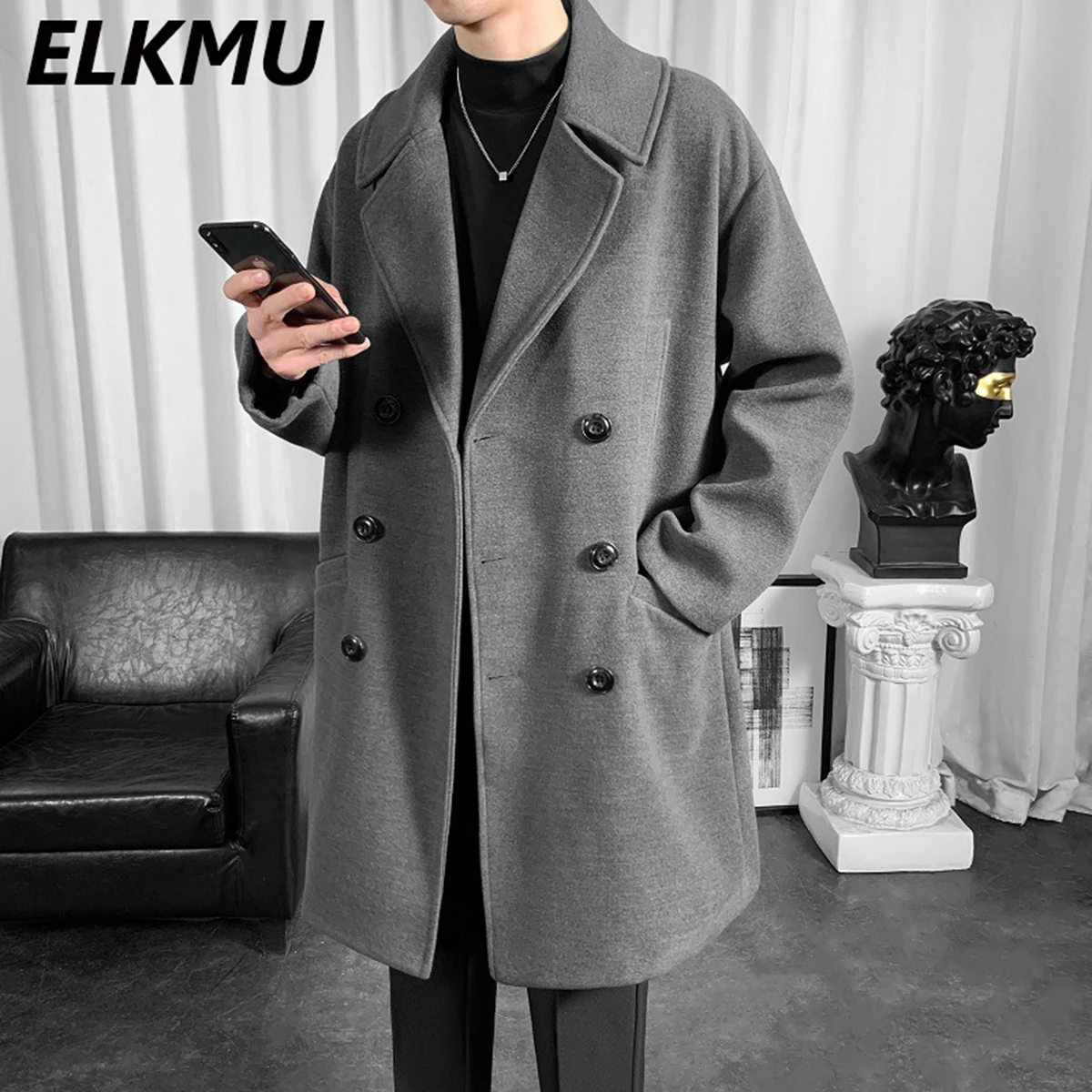 

Autumn Winter Woolen Coats Mid-length Double-breasted Black Gray Trench Men Korean Fashion Thicken Coats Outwear 5XL