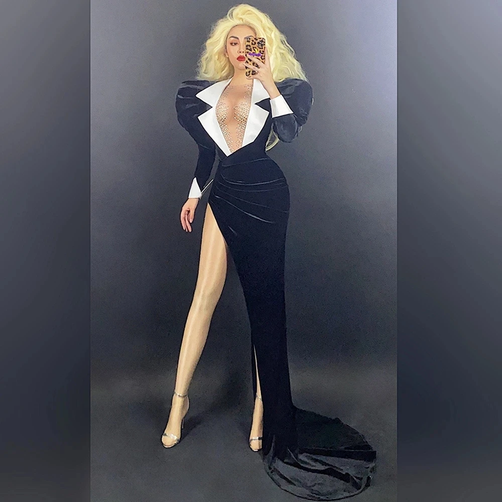 Sexy Black Velvet Puff Sleeve 2PCS Bodysuit Long Tail Skirt Dress Set Birthday Celebrate Party Evening Dress Show Stage Wear