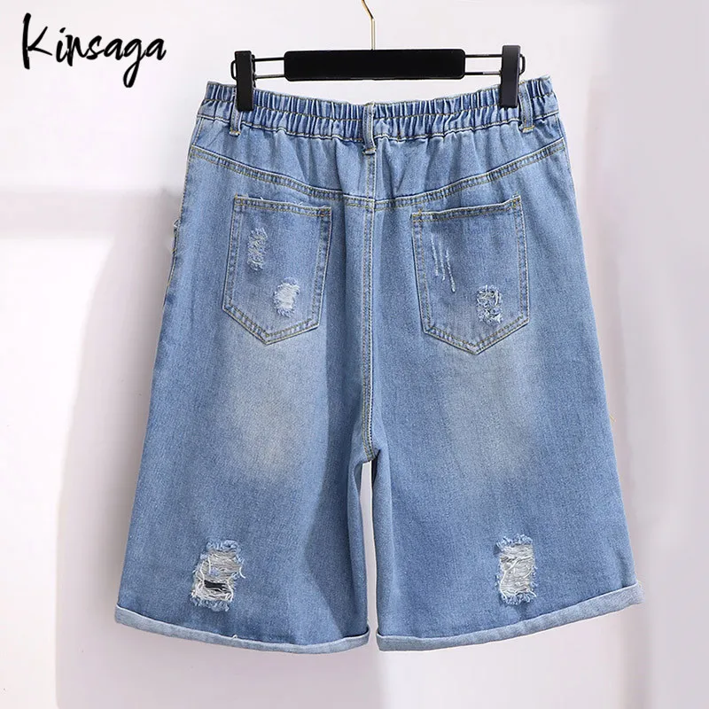 Plus Size Ripped Holes Knee Length Jean Capris Mom 6xl Grunge Slouchy Elastic High Waist Fray Revers Half Demin Trousers Female