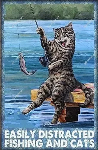 

Kitten Fishing Metal Tin Sign,Easily Distracted Fishing and Cats Fun Bathroom Vintage Tin Signs Office Bar Sign Man Cave Decor