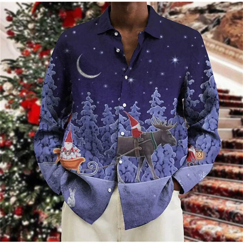 2023 Christmas Men's Shirts Long Sleeve Tops Christmas Theme