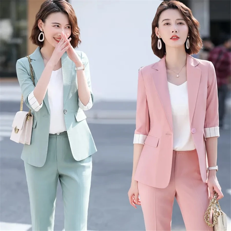 women's short suit set OL Spring Set Half Sleeves Pink One Piece Blazer Coats +Office Straight Capris Pants 2 Piece Suit Work Wear Plus Size 4XL Outfit ladies pant suits