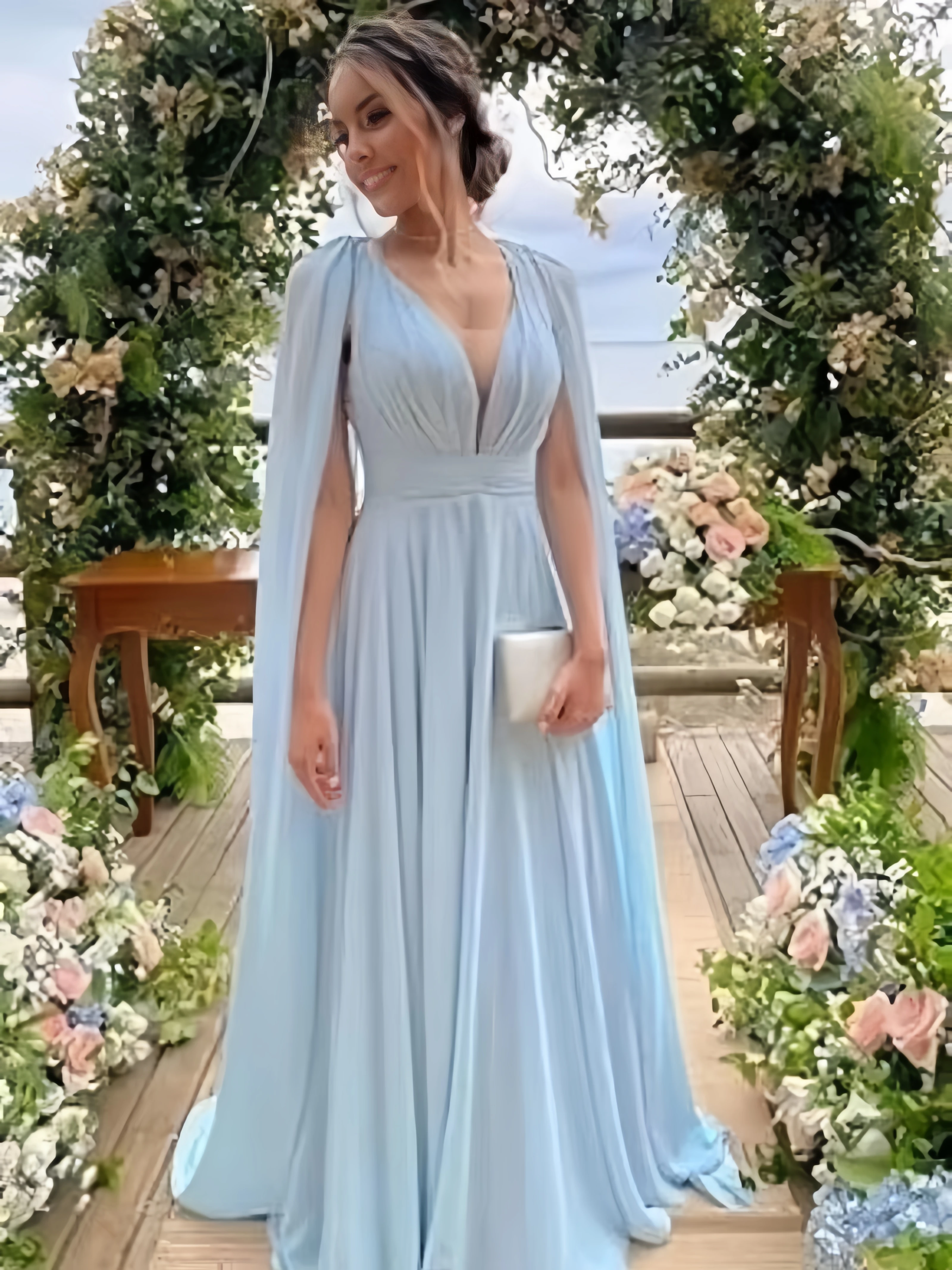 TSxuelian Floor Length Mother of Bride Women's Long Bridesmaid Dresses with Sleeves Pleated Chiffon V-Neck Formal Evening Dress mother bride dresses