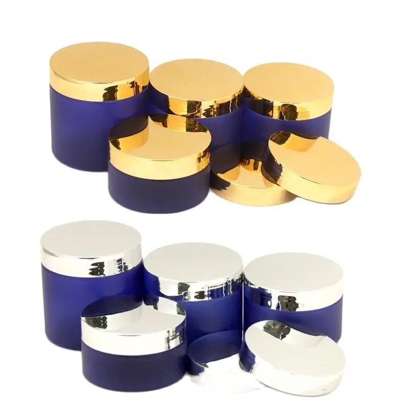 

Cream Containers Cosmetic Refillable Pots 100ml 120ml 150ml 200ml 3oz Frost Blue Wide Mouth Bottle Plastic Jar With Gold Lids