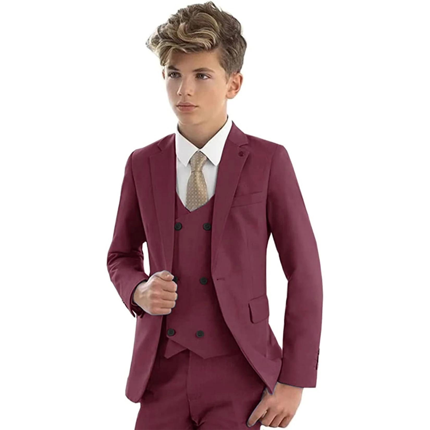 Casual Solid Boys Formal Suits Kids Quality Clothing Set Coat Vest Pants 3Pcs Wedding Tuxedo Children Blazer Party Costume