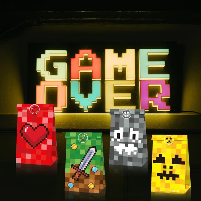 Sac en papier kraft mosaïque pixel jeu, sac à bonbons, sacs cadeaux, sacs en papier, ensemble d'autocollants, sacs à gâteaux, 12 pièces 2