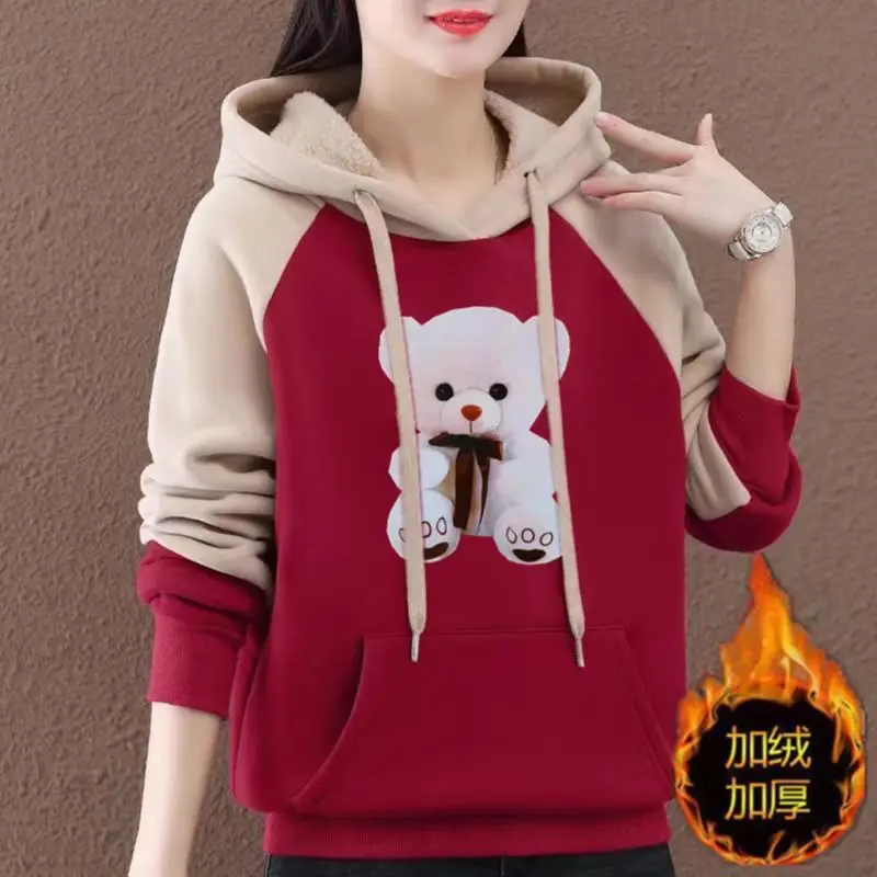 

Plush and Thick Hooded Sweater for Women's Winter Warmth Long Sleeved Top for Women's Fashion Patchwork Printed Versatile Jacket