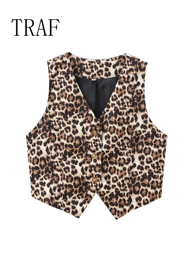 TRAF Spring Summer Women's Leopard Vest 2024 Fashion V-Neck Single-Breasted Vest Top Female Casual Cropped Sleeveless Coat New 2