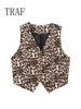TRAF Spring Summer Women's Leopard Vest 2024 Fashion V-Neck Single-Breasted Vest Top Female Casual Cropped Sleeveless Coat New 2