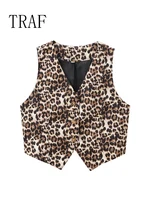 TRAF Spring Summer Women's Leopard Vest 2024 Fashion V-Neck Single-Breasted Vest Top Female Casual Cropped Sleeveless Coat New 2