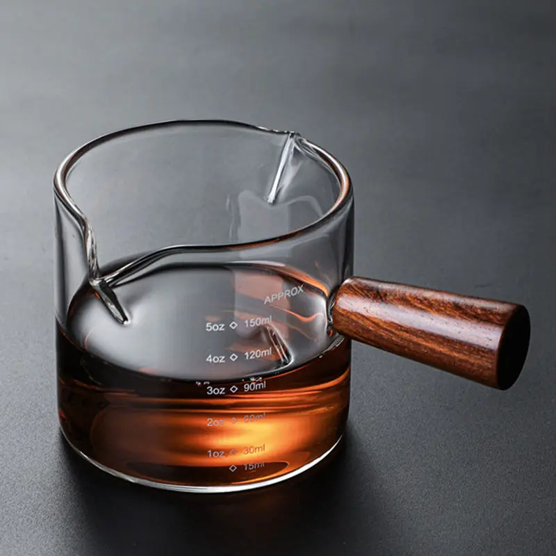 Wooden Handle Glass Espresso Measuring Cup Double/Single Mouth Milk Jug Coffee Supplies Heat-resisting Clear Kitchen Measure Mug