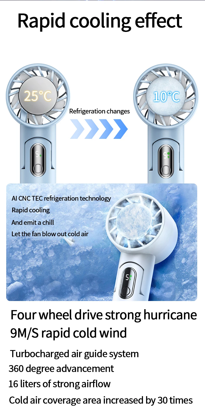 Description Picture 6 of itemFolding cooling fan Colder wind Semiconductor Refrigeration Handheld Fan 4000mAh USB Rechargeable Cooling Fan Air Cooler Outdoor