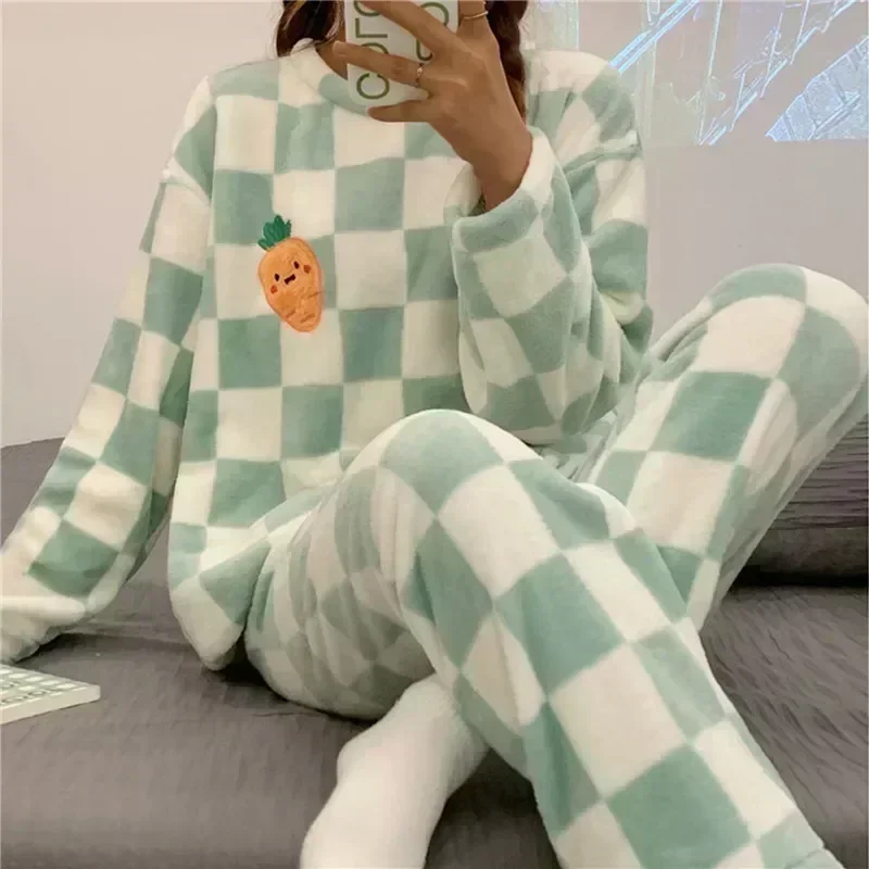 

Sets Mujer Suits Kawaii Women Sleepwear Autumn Winter Pijama Homewear Cartoon Loung Flannel Plaid Pajama Night Pyjamas PJ Girl