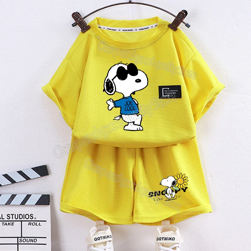 thumbnail image 1 of Camiseta de Snoopy para niño y niña, conjunto de 2 piezas, pantalones cortos, Tops de dibujos animados, chándales deportivos, trajes, regalo de cumpleaños, 1 of 5