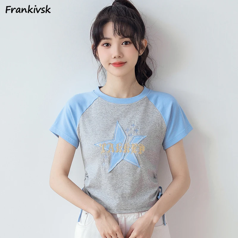

Raglan T-shirts Women Patchwork Y2k Retro American Design Casual Short Sleeve Comfortable Summer Slim Sweet Daily College New