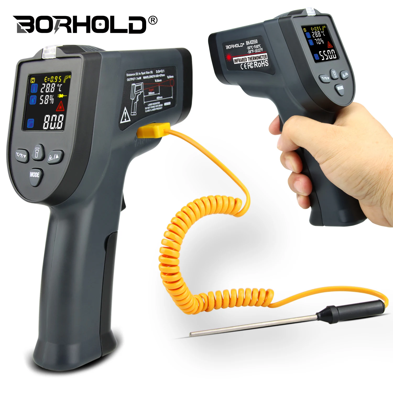 

Borhold -50～550c Digital Thermometer Infrared Thermometro Gun Hygrometer LCD color display with K type Temperature probe