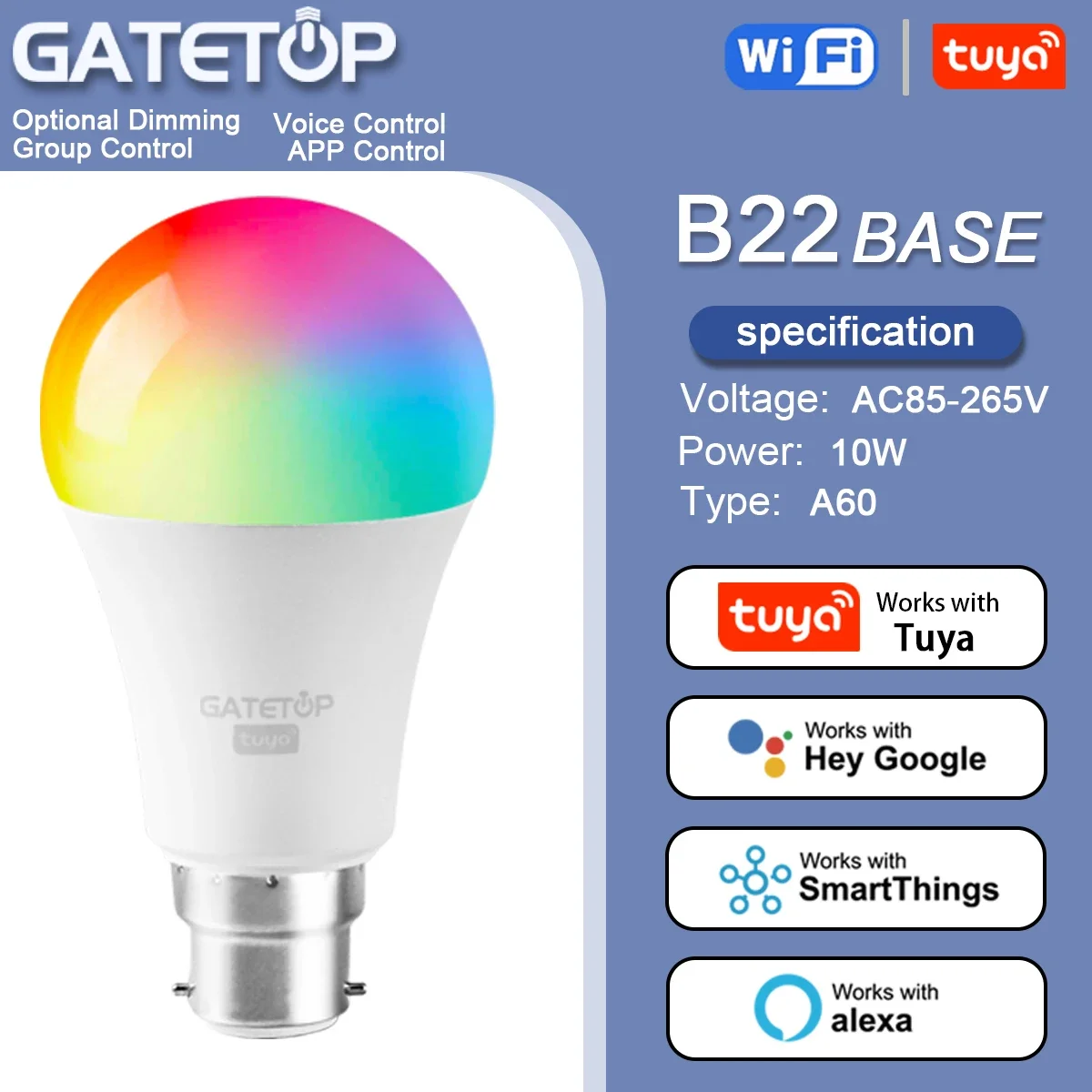 

Tuya Rgb Bulb 10W Smart A60 B22 Light Dimmable Wifi Led Magic Lamp AC 85V-265V Work With Alexa Google Home
