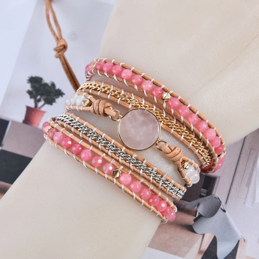 Charming Rose Quartz Leather Wrap Bracelets W/ Mix Stone Druzy Multilayers Bracelet Handmade Boho Jewelry Bijoux Dropship
