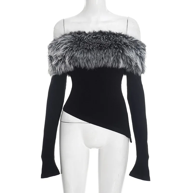 Fashion Spring and Autumn New One-word Fur Collar Solid Color Women's Long-sleeved T-shirt Winter Fashion Sexy Short Top