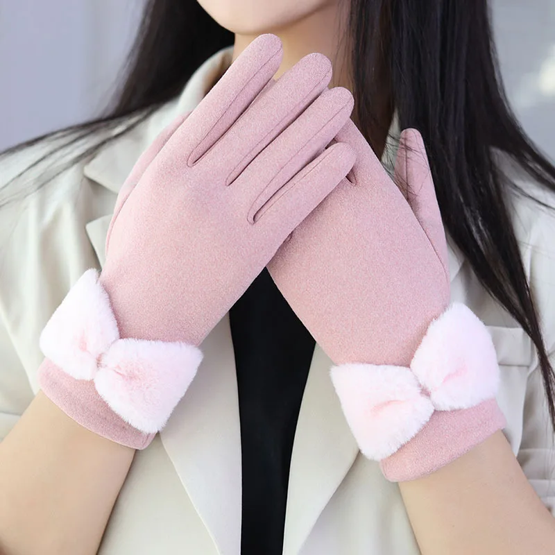 Winter Keep Warm Bow-knot Women's Gs Touch Screen Fashion Casual Plus Veet Mittens Outdoor Stretch Ridding Driving_voghion.com