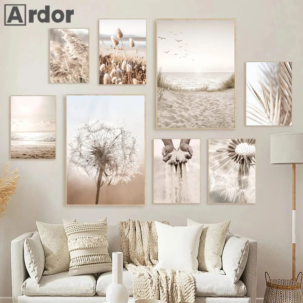 

Beige Dandelion Wall Painting Reed Canvas Poster Sea Beach Art Prints Leaf Posters Nordic Wall Pictures Living Room Home Decor