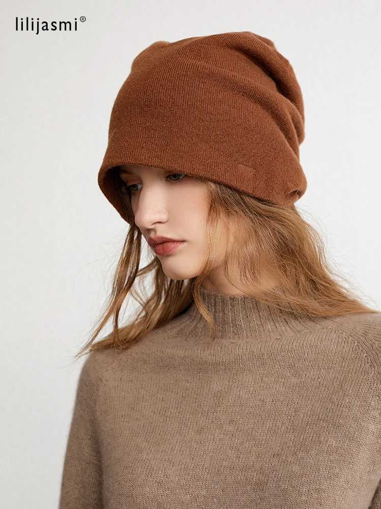100% Cashmere Caps Simple Solid Hat Double Layers Soft Knit Hat Beanies Fall Winter Spring Warm Caps Skullies Women Bonnet Pure 5