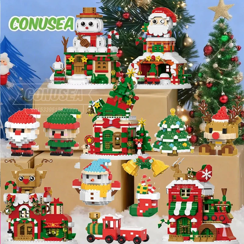 Festive Santa & Reindeer Micro Block Puzzle Set - Holiday Table Decoration Toy
