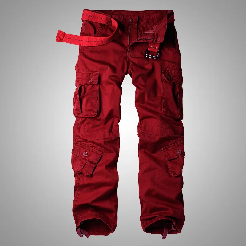 Pantalon cargo multi-poches pour hommes, salopette décontractée en coton rouge vin, style coréen, 28-42, automne 2022