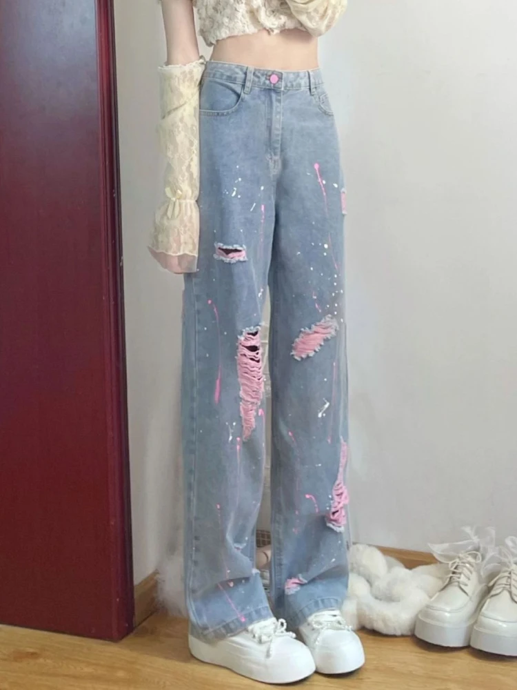 

Women's Vintage High Waist Washed Tie Dyed Jeans, Japanese Fashion, Loose Straight Pants, New, American, Y2K